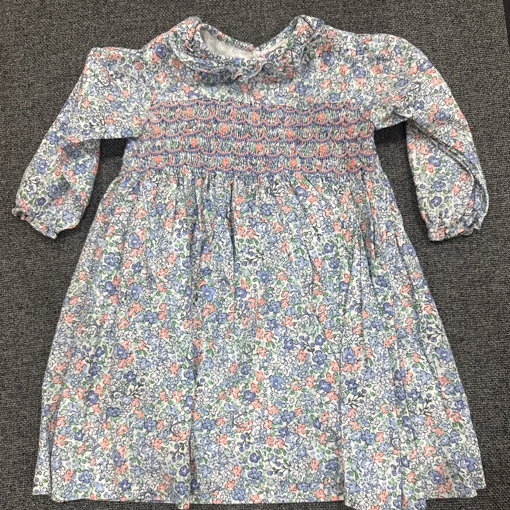 Blue and pink floral dress with smocking
